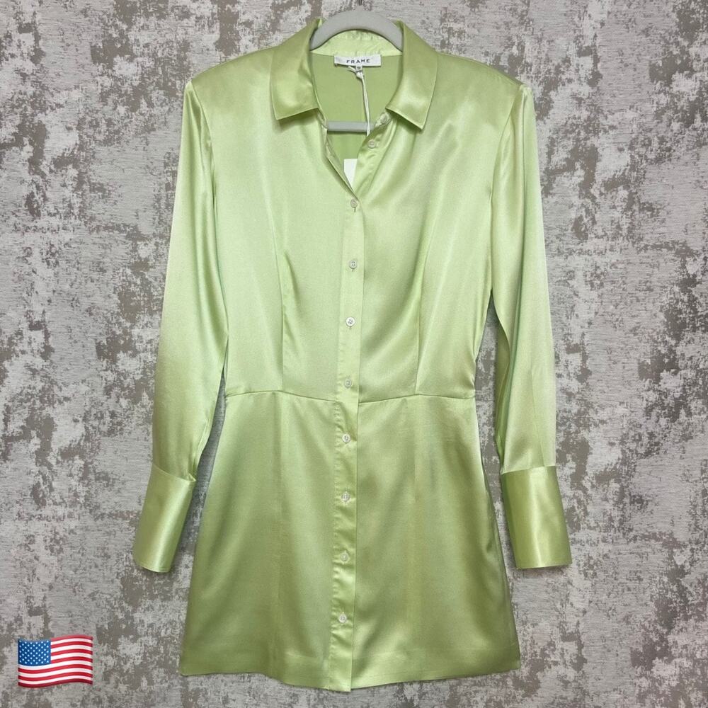 Frame Strong Shoulder Silk Mini Dress in Bright Peridot